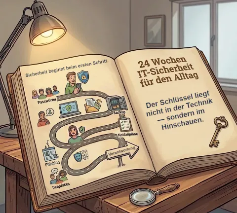 Aufgeschlagenes Logbuch mit Themen-Route von Passwörtern bis Deepfakes – der Schlüssel liegt im Hinschauen.