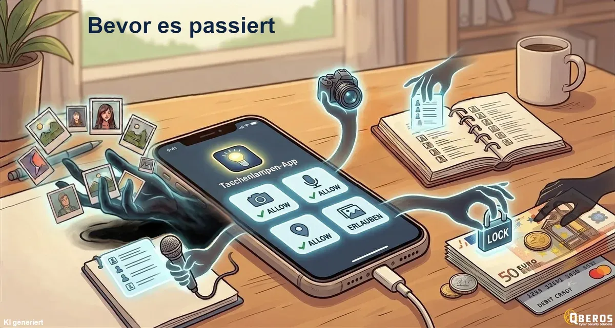 Smartphone mit App-Berechtigungsabfragen, geisterhafte Hände greifen nach Fotos, Kontakten und Geld.