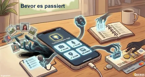 Smartphone mit App-Berechtigungsabfragen, geisterhafte Hände greifen nach Fotos, Kontakten und Geld.