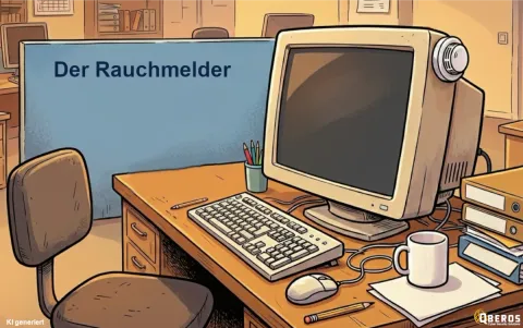 Büro-PC mit Rauchmelder-Lautsprecher am Monitor – Schutz, der installiert ist, aber nie geprüft wird.
