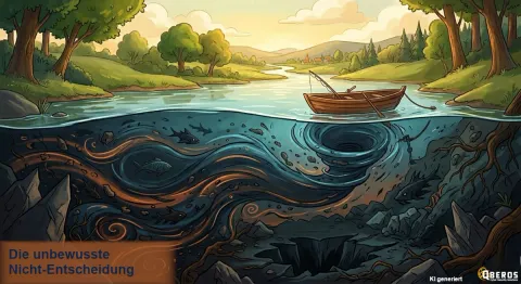 Ruhiger Fluss mit Boot an der Oberfläche, darunter ein Strudel – Sinnbild für unsichtbare Sicherheitslücken.