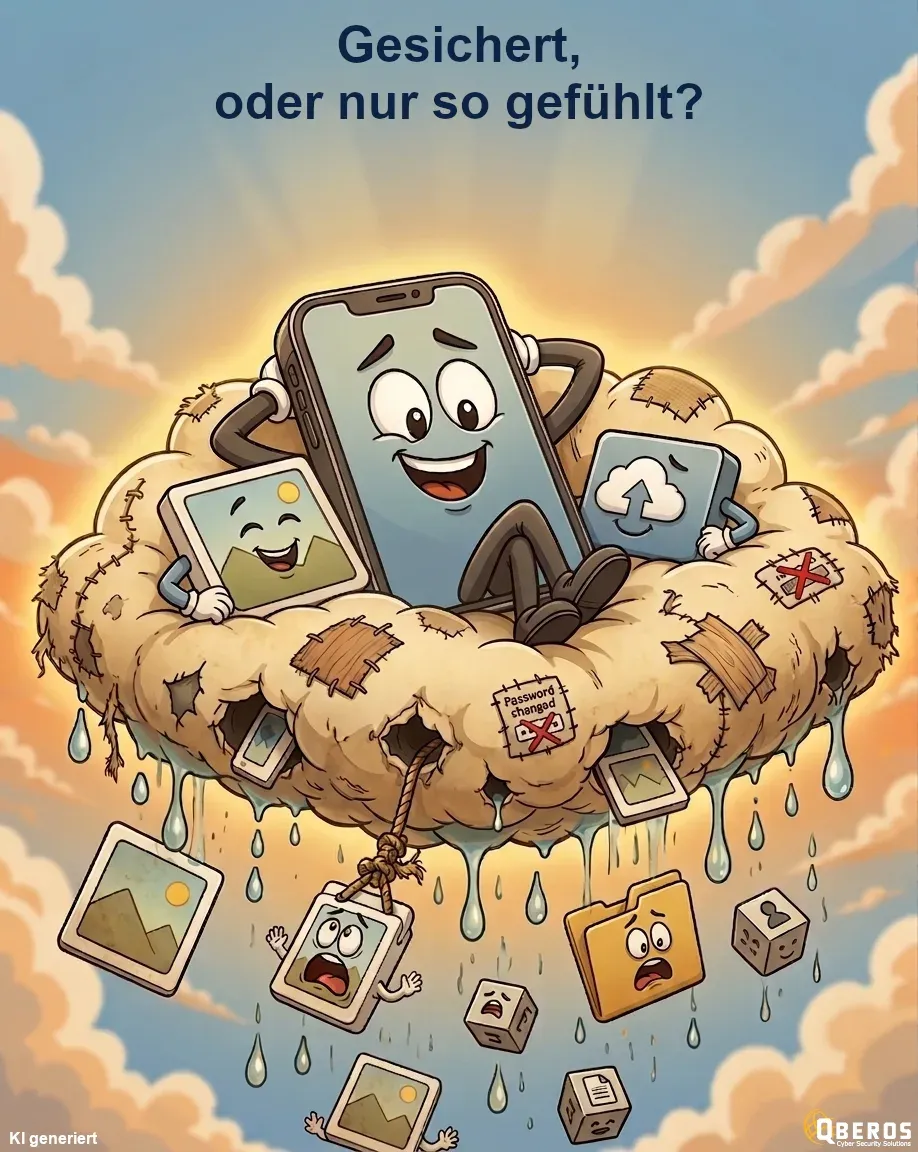 Ein Smartphone sitzt zufrieden auf einer löchrigen, tropfenden Wolke, aus der Fotos und Dateien herausfallen.