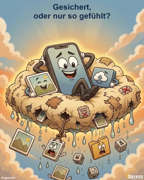 Ein Smartphone sitzt zufrieden auf einer löchrigen, tropfenden Wolke, aus der Fotos und Dateien herausfallen.